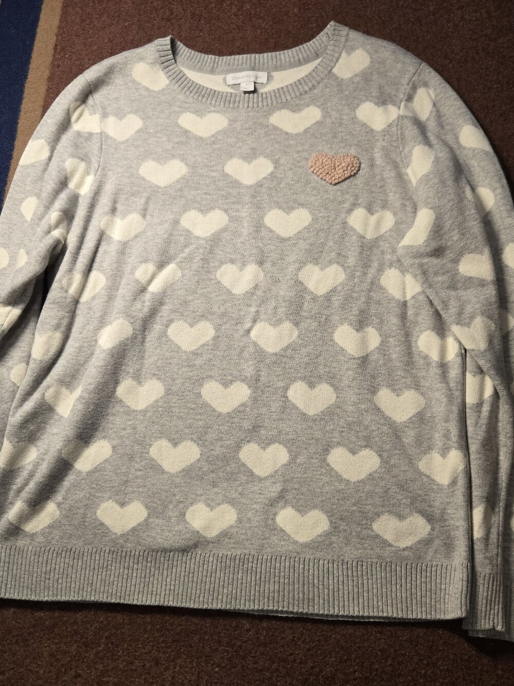 Charter Club Gray White Hearts Crew Neck Sweater Size Large